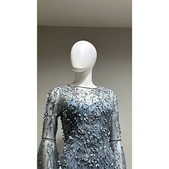 Theia Flounce Sleeve 3-D Embroidered and Beaded  Dusty Blue Gown Size 2 - Picture 8 of 14